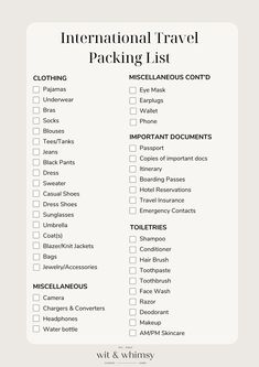 the international travel packing list is shown