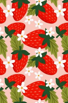 a strawberry and daisies pattern on a pink background