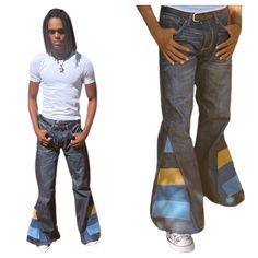 "These are called, \"Grounded and Balanced\" These jeans were created to represent the unique balance between Mother Earth and Father Sky...we honor them both for giving and maintaining life...all of our lives! \"Limited Edition\" (Only Enough Fabric to Make 2-3 Pair of These) Patchwork Hippie style denim bellbottoms  **UPCYCLED** All jeans used for this design are UPCYCLED (brands will vary) Below are the color meanings: The color blue represents both the sky and the sea it's associated with op 70s Jeans, Skater Jeans, All Jeans, Color Meanings, Afro Punk, Style Pants, Jeans Mens, Hippie Style, Love And Light