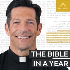 a man wearing a priest's outfit with the words, the bible in a year