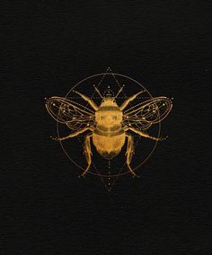 a bee on a black background with gold lines in the shape of a honeybee