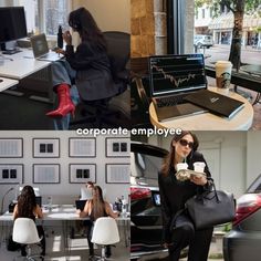 two women sitting at desks in front of computers and talking on cell phones, one holding a cup of coffee