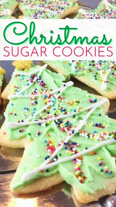 christmas sugar cookies with green frosting and sprinkles