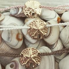 "Beautiful 14k gold or 925 Sterling Silver sand dollar charm bracelet. Perfect gift for a loved one, friendship bracelets or a personal symbol for your love to the ocean. Adjustable in size. Perfect to wear everyday without the need of taking it off. Choose out of 7 different colors. 100 % Ocean proof Floridian Ocean Jewelry TM \" Sea Lifes Beauty \"" Ocean Jewelry, Shell Ring, For Your Love, Sand Dollar, Leather Wraps, Miami Beach, The Ocean, Friendship Bracelets, Different Colors