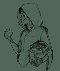 a drawing of a person with a hood on holding a tennis racket and ball