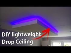 a kitchen with the words diy light weight drop ceiling above it and an arrow pointing up