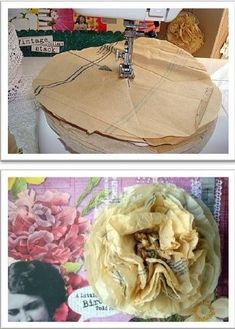 two pictures with different types of fabric and sewing equipment on them, one has a piece of cloth in the shape of a flower