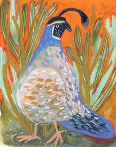 a painting of a pheasant standing in front of cacti on an orange background