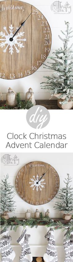 a wooden clock sitting on top of a mantle next to christmas trees and other decorations