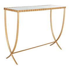 a gold metal and glass console table with an elegant design on the top, against a white background