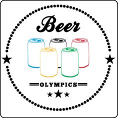 beer olympics sticker with four cans in the middle and stars around it, on a white background