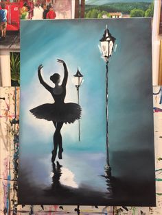 a painting of a ballerina in front of a street light and lamp post on a blue background