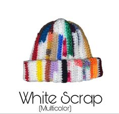 a multicolored knitted beanie hat with the word white scrap on it