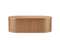 an oval wooden table with vertical lines on the top and bottom, in front of a white background