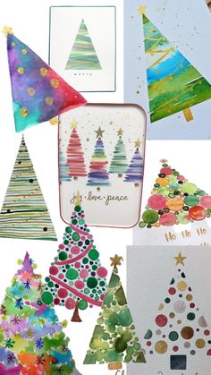 colorful christmas cards with different designs and colors on them, including one for the tree