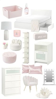 a collage of white furniture and accessories including a bed, dresser, chair, mirror, lamp, table