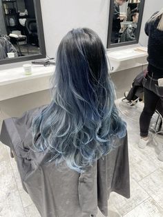 Ice Blue Highlights In Black Hair, Dark Silver Hair, Blue Balayage, Silver Blue Hair, Hair Stages, Blue Grey Hair, Pastel Blue Hair, Ocean Hair