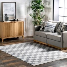 a living room with a couch, rug and potted plant on the sideboard