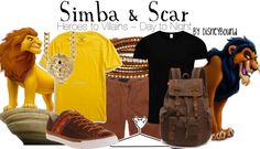 the simba and scar costume is shown with shoes, backpacks, and other items