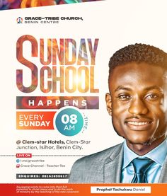 an advertisement for sunday school with a man in a suit and tie