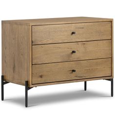 a wooden dresser with three drawers and black legs