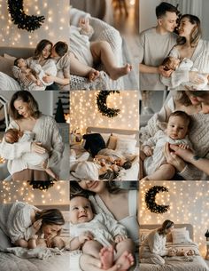 a collage of people holding babies in their arms and laying on the bed with christmas lights around them