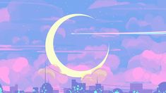 an animated cityscape with a crescent moon in the sky and clouds above it