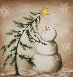 a painting of a snowman holding a pine tree