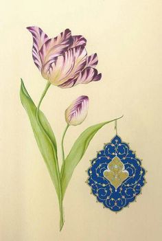 a drawing of a purple flower and a blue ornament hanging from a hook