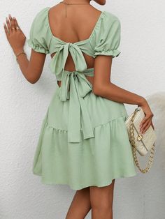 Women's Vacation Solid Color Back Knot Mini Dress With Puff Sleeves & Ruffle Hem Green Casual  Half Sleeve Woven Fabric Plain A Line Non-Stretch  Women Clothing, size features are:Bust: ,Length: ,Sleeve Length: Light Green Puffy Dress, Fancy Stuff, Sage Dress, Dress With Puff Sleeves, Graduation Dresses, Printed Sleeveless Top, Elegant Dresses Long, Pretty Dress, Women Midi