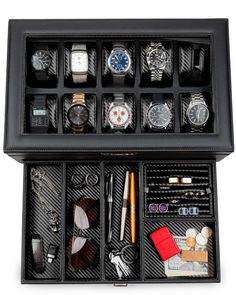 PRICES MAY VARY. The Yachtsman is a big watch box and dresser valet organizer combo.You will not find a better watch case to help a man organize his watch collection. Each watch storage box is Hand Made with the best scratch-proof materials and expert craftsmanship. Designed in USA. 10 extra wide watch slots. Large face watches need extra-wide watch slots and watch display pillows in order to not get scratched. So underneath a real glass lid, our roomy watch slots are 60mm across to accommodate Batman Lifestyle, Edc Storage, Dresser Valet, Jewelry Box Organizer, Mens Jewelry Box, Watch Storage Box, Big Watches, Leather Jewelry Box, Watch Storage