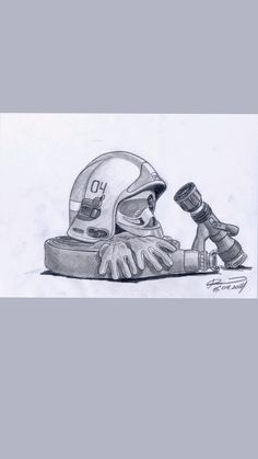 a drawing of a football helmet on the ground with a pair of gloves laying next to it