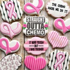 decorated cookies with pink and white icing are arranged on a wooden surface, including one that says straight outa chemo