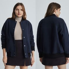 Nwot Everlane The Rewool Varsity Bomber Jacket Navy Blue With Black Ribbed Trim Women's Medium Pockets Drop Shoulder 74% Recycled Wool 26% Recycled Nylon Lining 100% Recycled Polyester Condition - New Without Tag Approximate Measurements: Bust 23.5" Length 27.5" Sleeve From Shoulder Seam 22.5" Smoke Free Home Varsity Jacket With Pockets For Workwear In Winter, Long Sleeve Varsity Jacket For Workwear, Navy Varsity Jacket For Work And Fall, Navy Stand Collar Outerwear For Fall, Navy Outerwear With Ribbed Cuffs For Fall, Navy Outerwear For Cold Weather In Fall, Wool Outerwear With Pockets, Wool Outerwear With Pockets For Layering, Everlane Long Sleeve Winter Outerwear