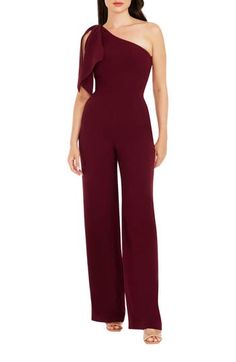 An elegant one-shoulder neckline and figure-skimming silhouette style a sophisticated jumpsuit with two panels that cascade over the single shoulder. 63 1/2" length; 34" inseam; 22 1/2" leg opening (size Medium) One-shoulder neck Sleeveless Lined 97% polyester, 3% spandex Dry clean Imported Burgundy Jumpsuit, Coverall Jumpsuit, One Shoulder Jumpsuit, Shop Dress, Jumpsuit Online, Dress The Population, Buy Dress, Textured Hair, Jumpsuits For Women