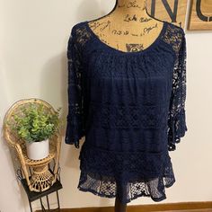 New With Tags. Pretty Top Blue Casual Lace Top, Casual Blue Lace Top, Pretty Top, Blue Blouse, Women's Style, Color Blue, Blouses, Womens Tops, Tags