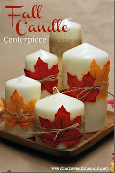 fall candle centerpieces with maple leaves and twine