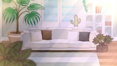 a living room with a couch and potted plants