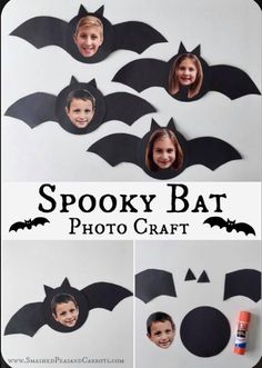 the halloween photo craft is made with paper bats and cut outs to make it look like they