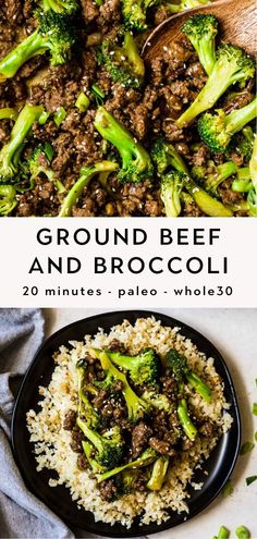 ground beef and broccoli in a skillet with rice