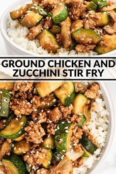 two bowls filled with ground chicken and zucchini stir fry on top of rice