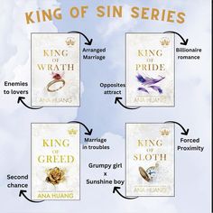 four books with the title king of sin series written in gold and surrounded by arrows