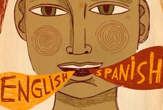 an image of a woman with spanish words on her face and the word english in front of her mouth