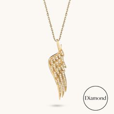 Adorn yourself with the elegance of our Angel Wing Diamond Necklace. Each delicate feather, meticulously crafted from solid gold and adorned with sparkling diamonds, embodies the ethereal beauty of angelic wings. Let this exquisite piece serve as a reminder of the divine protection and grace that surrounds you. - Made in 14k Solid Gold - Decorated with handset 0.27 ctw white diamond on 14k solid gold -Diamond Color and Clarity: G Color SI clarity - Pendant: 37.50x10.50 mm / 1.48x0.41 inches- Thi Elegant Wing-shaped White Gold Necklace, Elegant White Gold Wing-shaped Necklace, Elegant Angel Wings Necklaces, Elegant 14k Gold Wing-shaped Jewelry, Elegant Yellow Gold Wing-shaped Necklace, Elegant Wing-shaped Yellow Gold Necklace, Elegant Gold Wing-shaped Jewelry, Elegant Wing-shaped Gold Jewelry, Elegant Angel Wings Jewelry