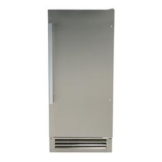 a tall stainless steel refrigerator on a white background with the door open and ventilator above it