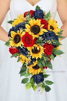 a bridal bouquet with sunflowers and roses