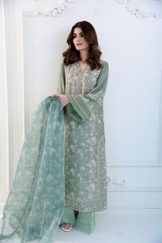 Rano Elegant Festive Anarkali Set With Pearl Embroidery, Elegant Anarkali Set With Pearl Embroidery For Festive Occasions, Elegant Green Lawn Suit In Organza, Elegant Green Organza Lawn Suit, Wedding Sets With Pearl Embroidery On Tissue Silk, Fitted Raw Silk Sets With Pearl Embroidery, Elegant Semi-stitched Tissue Silk Set, Embroidered Organza Palazzo Set For Wedding, Green Silk Wedding Sets