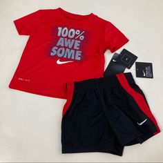 New 2 Pieces Included Red Cotton Short Sets, Sporty Red Shorts For Playwear, Red Playwear Sets For Summer, Red Summer Playwear Sets, Playful Red Cotton Shorts, Playful Nike Cotton Bottoms, Red Shorts For Summer Playtime, Playful Cotton Bottoms By Nike, Casual Red Shorts For Playtime