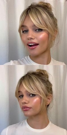 Shoulder Length Hair With Swoop Bangs, Layered Blonde Hair Medium With Bangs, Face Framing Layers Shoulder Length Curtain Bangs, Mandy Moore Hair Bangs, Shorter Curtain Bangs Medium Hair, Long Bangs Oval Face, Ash Blonde Balayage Curtain Bangs, Kaley Cuoco Hair Bangs, Curtain Bangs Long Hair 2024