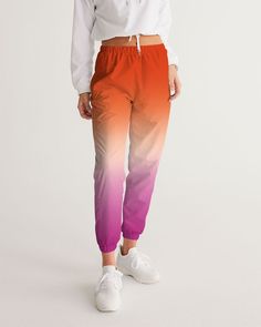 Step out proud as part of the LGBT community by wearing our Lesbian Flag Ombré Women Track Pants.  Our Women's Track Pants are both lightweight and versatile. Its water-resistant fabric keeps you dry and comfortable so you can get active with ease and its relaxed fit makes it great street-worthy style. All of our products are handmade to order and crafted with the highest quality, ethically sourced materials.  Style Guide:  - Lightweight, water-resistant fabric - Zip pockets - Elastic waistband Multicolor Relaxed Fit Athleisure Bottoms, Casual Orange Workout Pants, Multicolor Moisture-wicking Bottoms For Spring, Women Track Pants, Women Joggers, Track Pants Women, Get Active, Lesbian Flag, Joggers Womens